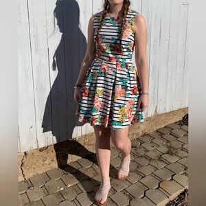 Pleated cotton floral stripe print dress